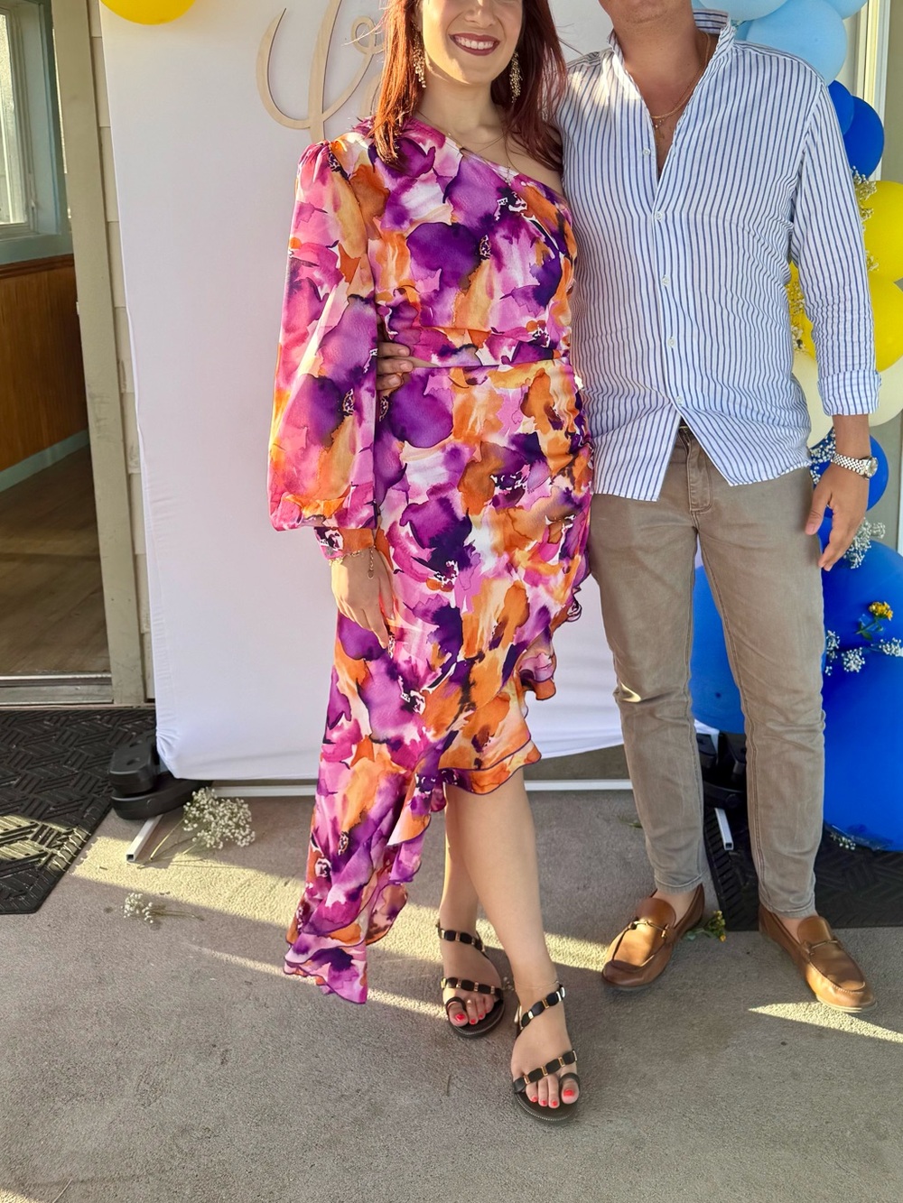 One-Shoulder Floral Midi Dress in Purple & Orange